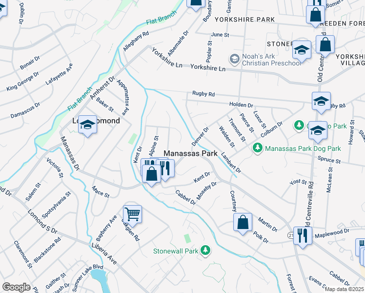 map of restaurants, bars, coffee shops, grocery stores, and more near 74 Meeker Court in Manassas Park