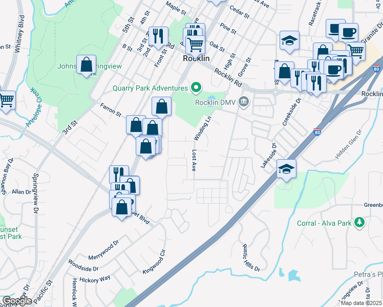map of restaurants, bars, coffee shops, grocery stores, and more near 5526 Lost Avenue in Rocklin