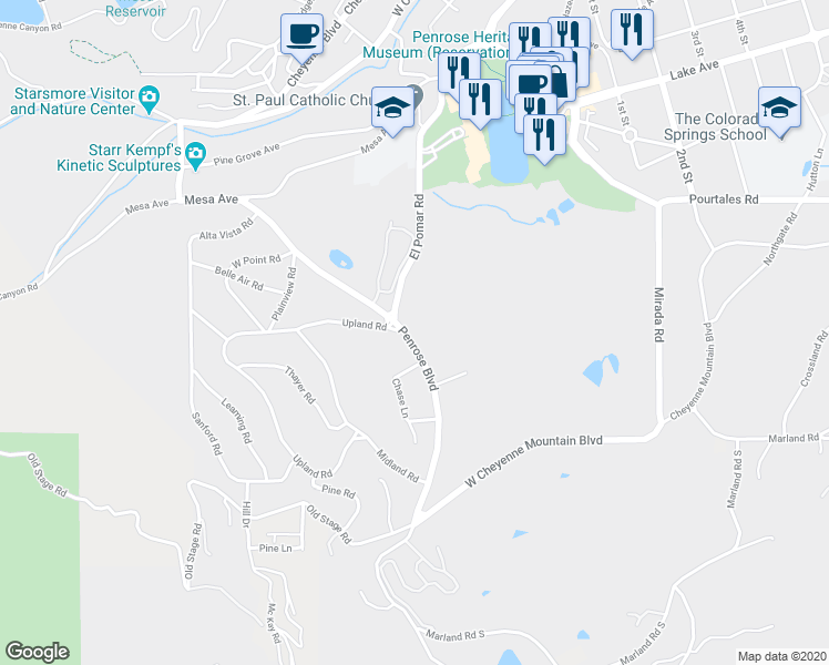 map of restaurants, bars, coffee shops, grocery stores, and more near 601 Penrose Boulevard in Colorado Springs