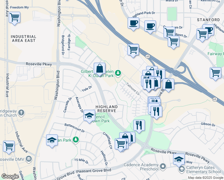 map of restaurants, bars, coffee shops, grocery stores, and more near 172 Andalusian Way in Roseville