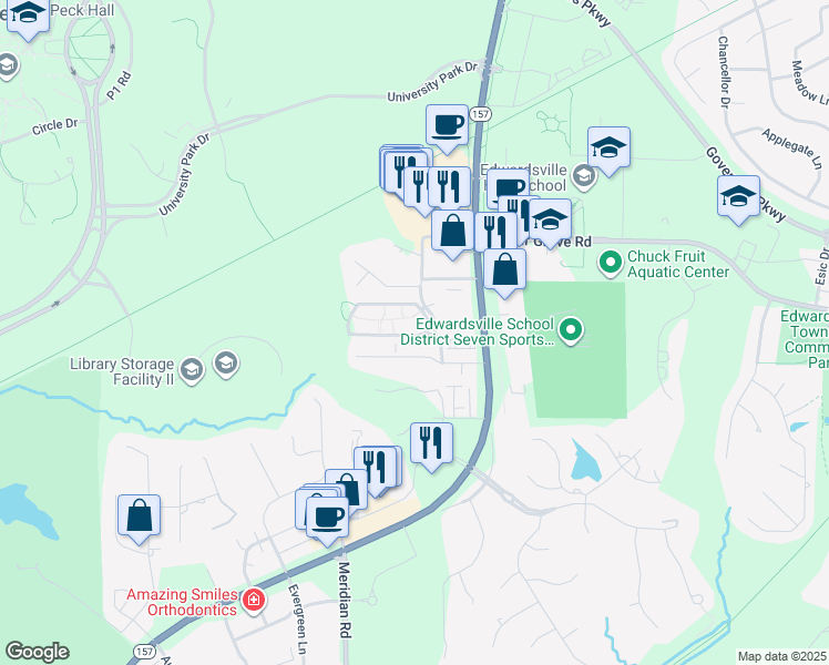 map of restaurants, bars, coffee shops, grocery stores, and more near 1 Campus Edge Drive in Edwardsville