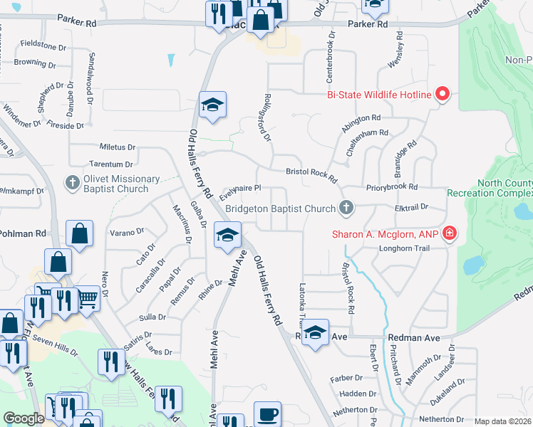 map of restaurants, bars, coffee shops, grocery stores, and more near 11610 Carolview Drive in Florissant