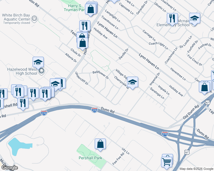 map of restaurants, bars, coffee shops, grocery stores, and more near 6708 Village Square Drive in Hazelwood