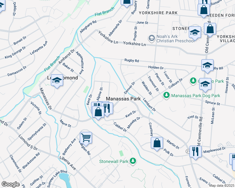map of restaurants, bars, coffee shops, grocery stores, and more near 74 Meeker Court in Manassas Park