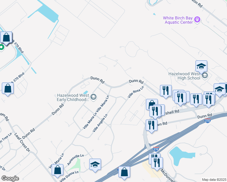 map of restaurants, bars, coffee shops, grocery stores, and more near 3860 Dunn Road in Hazelwood