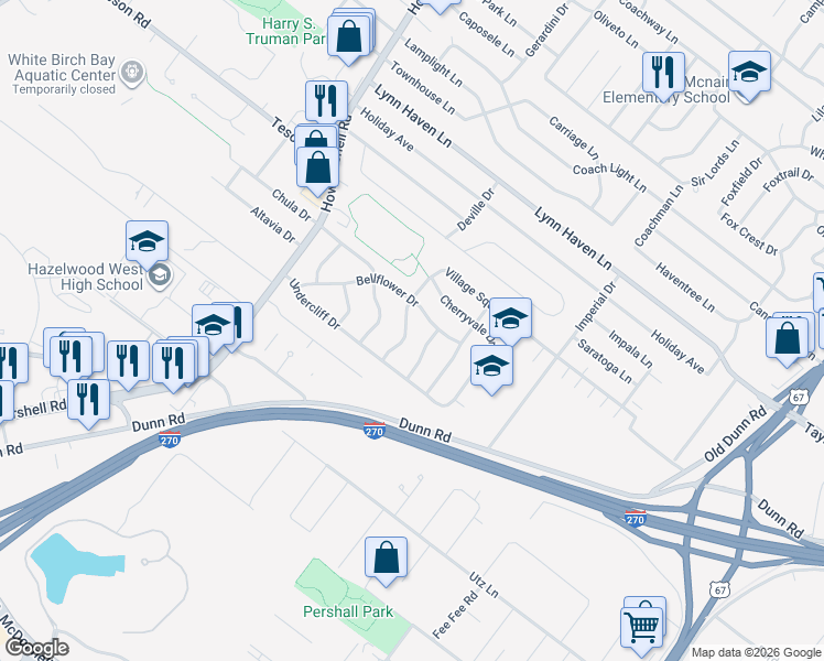 map of restaurants, bars, coffee shops, grocery stores, and more near 6708 Village Square Drive in Hazelwood