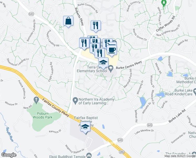 map of restaurants, bars, coffee shops, grocery stores, and more near 10260 Fern Pool Court in Burke
