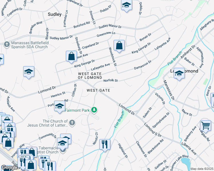 map of restaurants, bars, coffee shops, grocery stores, and more near 9710 Fairmont Avenue in Manassas