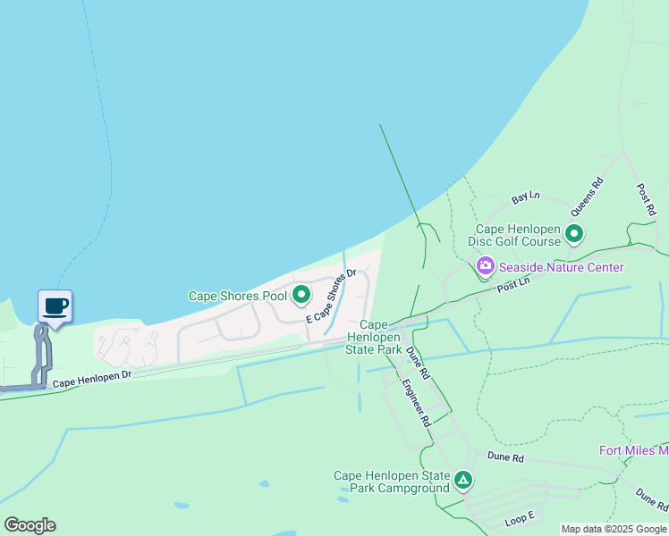 map of restaurants, bars, coffee shops, grocery stores, and more near 501 East Cape Shores Drive in Lewes