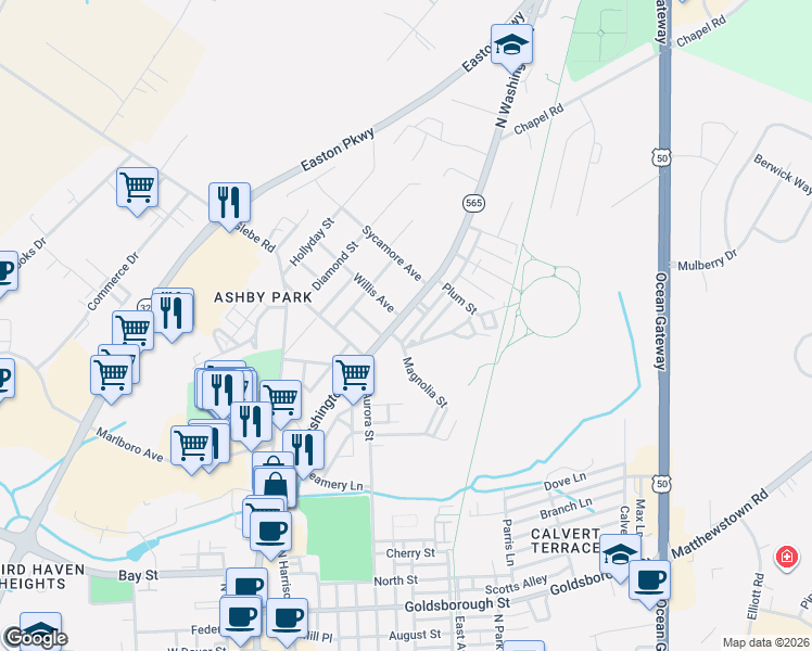 map of restaurants, bars, coffee shops, grocery stores, and more near 420 North Washington Street in Easton