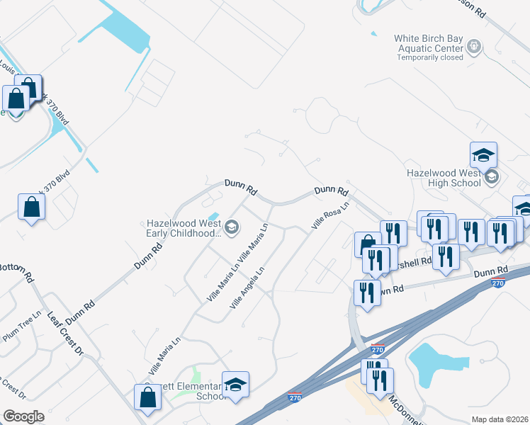 map of restaurants, bars, coffee shops, grocery stores, and more near 1608 Ville Gloria Lane in Hazelwood