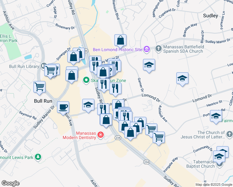 map of restaurants, bars, coffee shops, grocery stores, and more near 7924 Brighton Way in Manassas