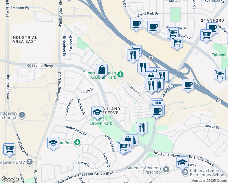map of restaurants, bars, coffee shops, grocery stores, and more near 172 Andalusian Way in Roseville