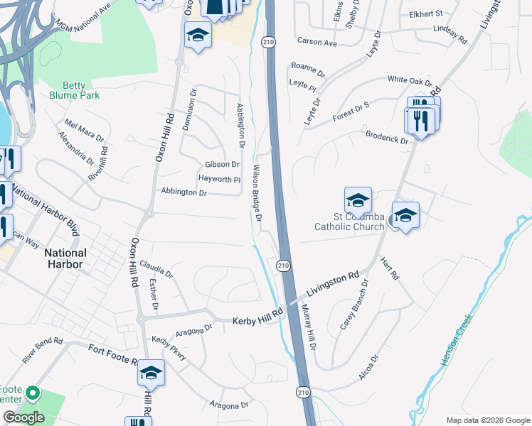 map of restaurants, bars, coffee shops, grocery stores, and more near 553 Wilson Bridge Drive in Oxon Hill