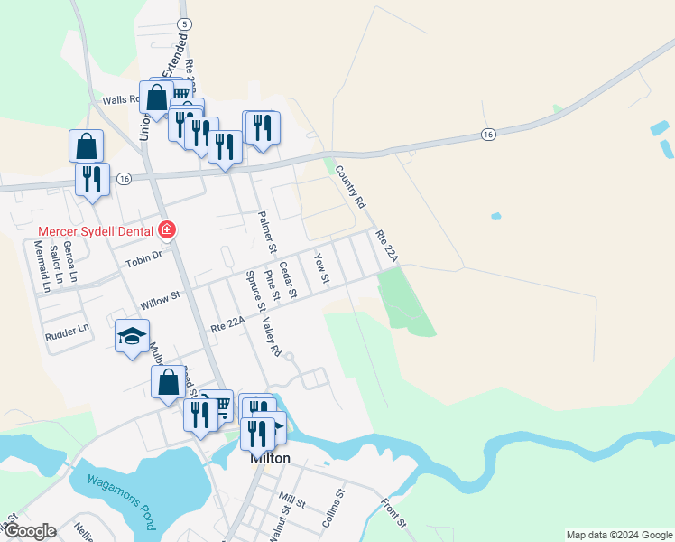 map of restaurants, bars, coffee shops, grocery stores, and more near 406 Boxwood Street in Milton