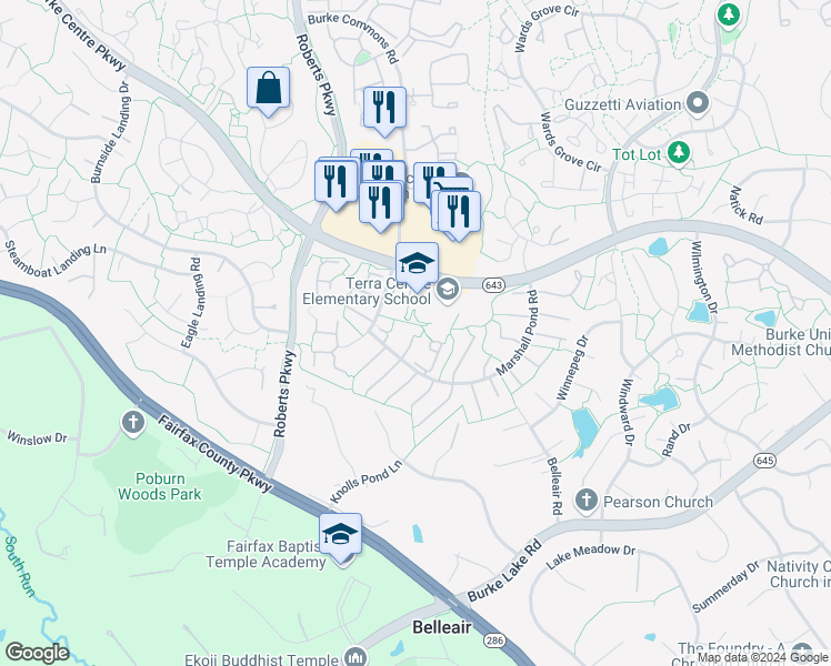 map of restaurants, bars, coffee shops, grocery stores, and more near 6103 Pond Lily Court in Burke