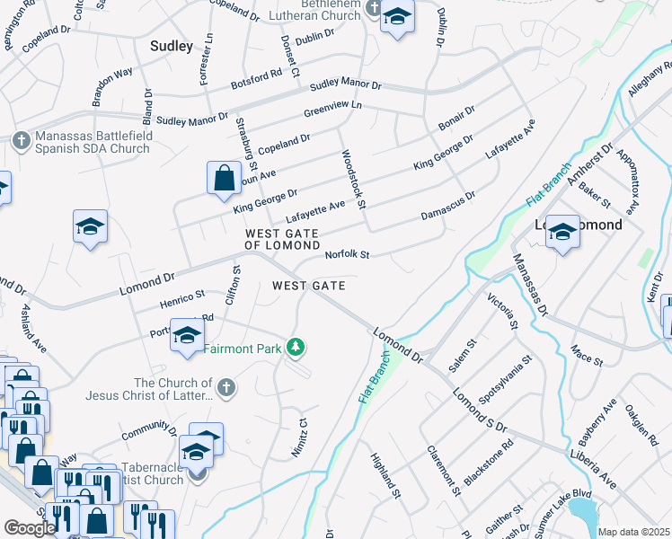 map of restaurants, bars, coffee shops, grocery stores, and more near 9710 Fairmont Avenue in Manassas