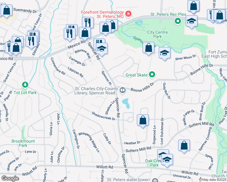 map of restaurants, bars, coffee shops, grocery stores, and more near 408 Spencer Place in Saint Peters