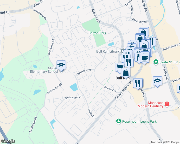 map of restaurants, bars, coffee shops, grocery stores, and more near 10911 Postern Court in Manassas