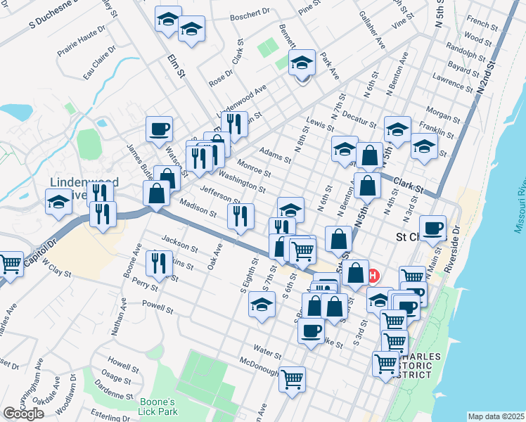 map of restaurants, bars, coffee shops, grocery stores, and more near 810 Jefferson Street in Saint Charles