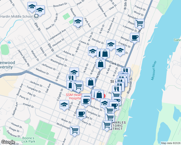 map of restaurants, bars, coffee shops, grocery stores, and more near 205 North 5th Street in Saint Charles