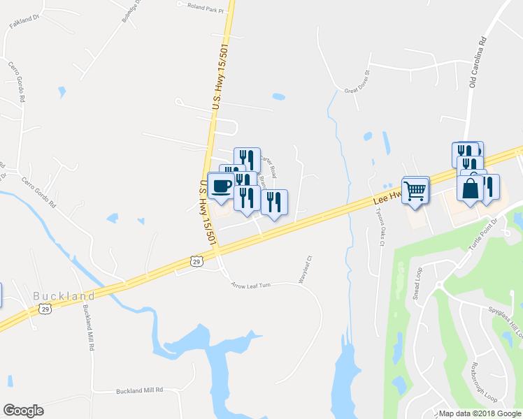 map of restaurants, bars, coffee shops, grocery stores, and more near 7834 Cedar Branch Drive in Gainesville