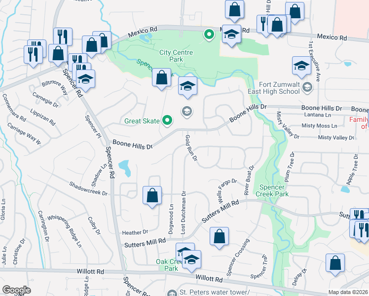 map of restaurants, bars, coffee shops, grocery stores, and more near 52 Lost Dutchman Drive in St. Peters