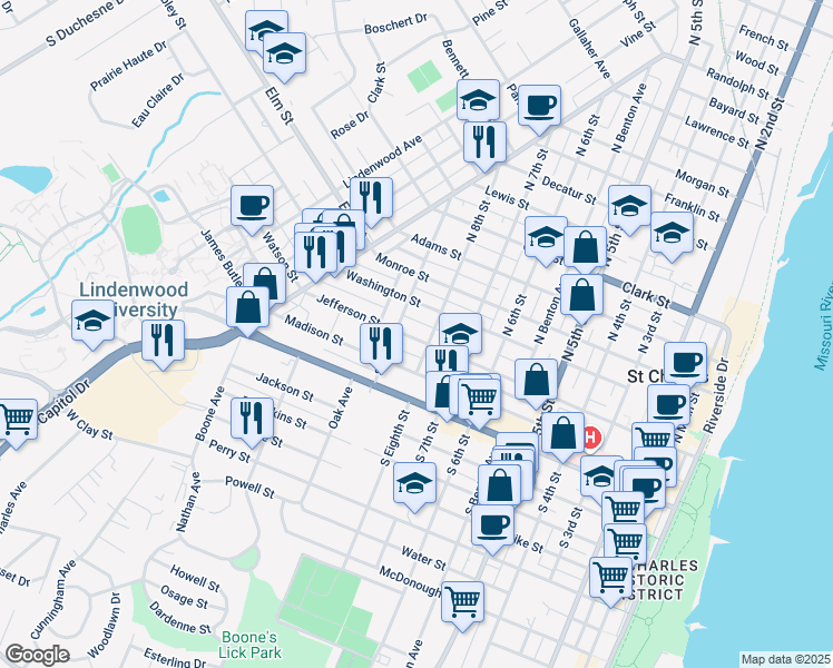 map of restaurants, bars, coffee shops, grocery stores, and more near 812 Jefferson Street in Saint Charles