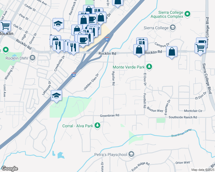 map of restaurants, bars, coffee shops, grocery stores, and more near 5500 Aguilar Road in Rocklin