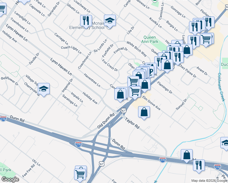 map of restaurants, bars, coffee shops, grocery stores, and more near 7157 North Lindbergh Boulevard in Hazelwood