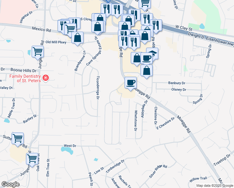 map of restaurants, bars, coffee shops, grocery stores, and more near 2102 Fountainview Circle in Saint Charles