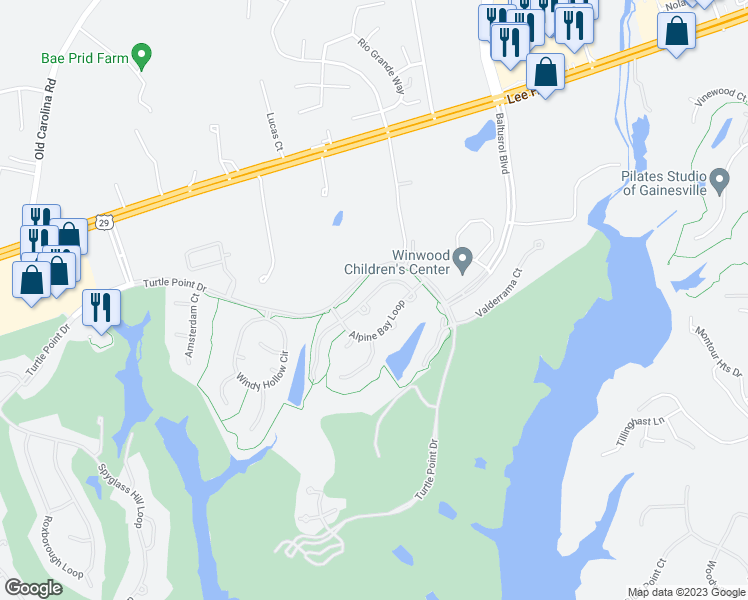 map of restaurants, bars, coffee shops, grocery stores, and more near 7999 Bonnie Briar Loop in Gainesville
