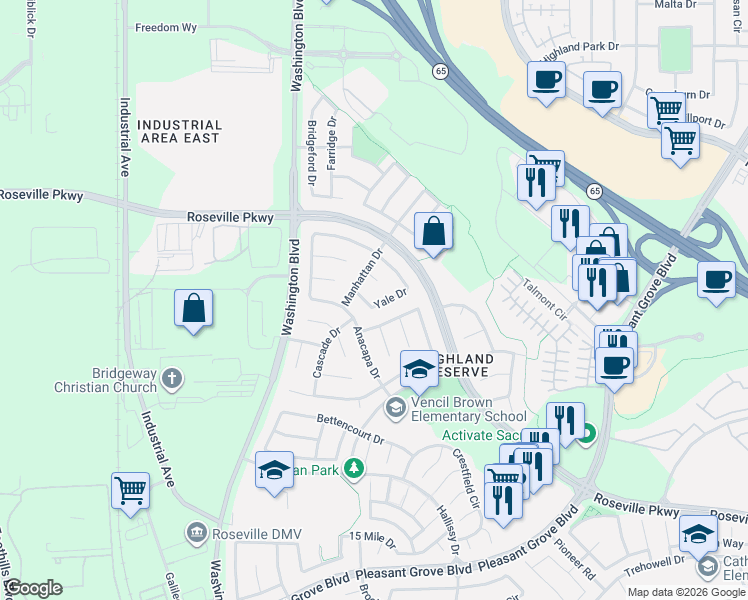 map of restaurants, bars, coffee shops, grocery stores, and more near 432 Yale Drive in Roseville