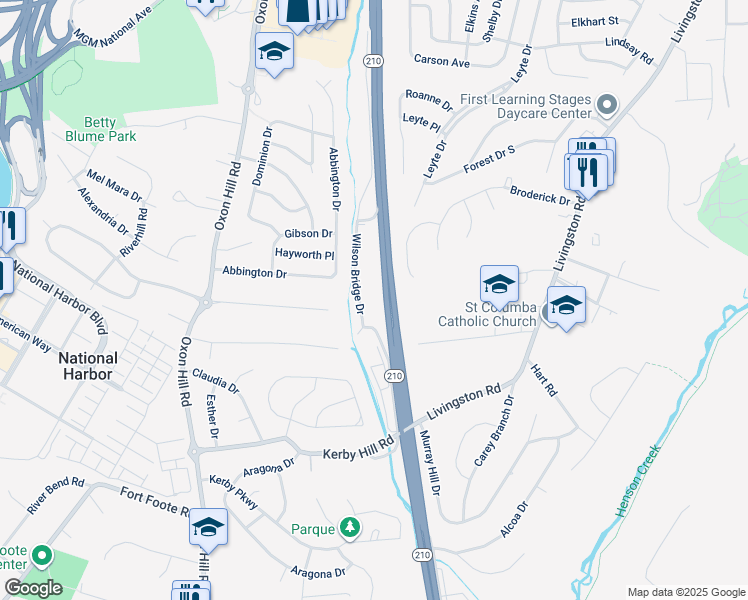 map of restaurants, bars, coffee shops, grocery stores, and more near 553 Wilson Bridge Drive in Oxon Hill