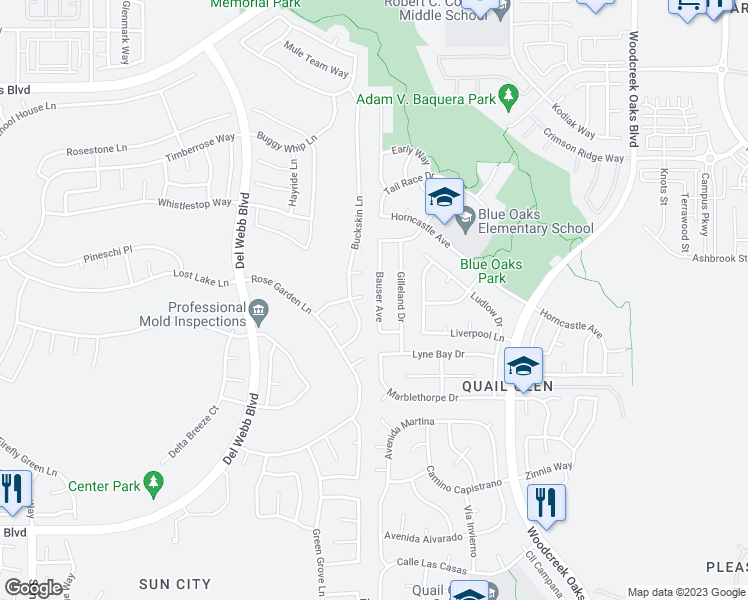 map of restaurants, bars, coffee shops, grocery stores, and more near 8081 Bauser Avenue in Roseville
