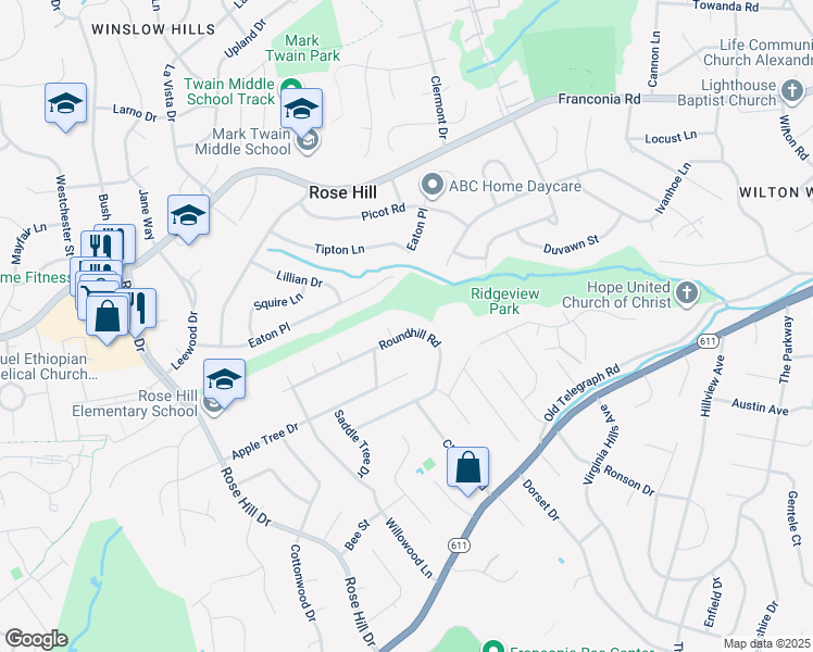 map of restaurants, bars, coffee shops, grocery stores, and more near 4512 Roundhill Road in Alexandria