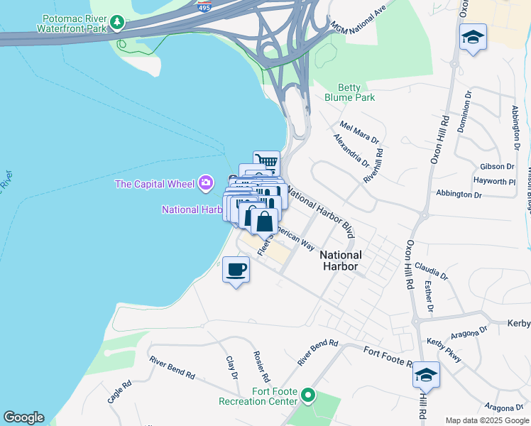 map of restaurants, bars, coffee shops, grocery stores, and more near 150 American Way in Fort Washington