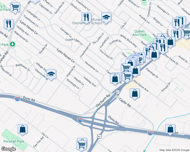 map of restaurants, bars, coffee shops, grocery stores, and more near 502 Lynn Haven Lane in Hazelwood