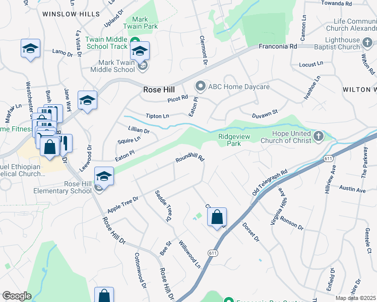 map of restaurants, bars, coffee shops, grocery stores, and more near 4512 Roundhill Road in Alexandria