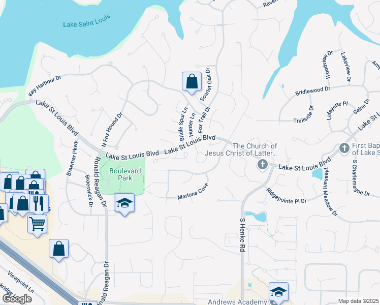 map of restaurants, bars, coffee shops, grocery stores, and more near 2454 Fox Bridge in Lake Saint Louis