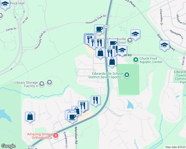 map of restaurants, bars, coffee shops, grocery stores, and more near 1 Campus Edge Drive in Edwardsville