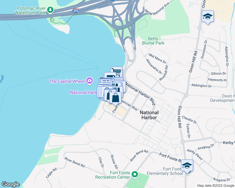 map of restaurants, bars, coffee shops, grocery stores, and more near 155 Potomac Passage in Fort Washington