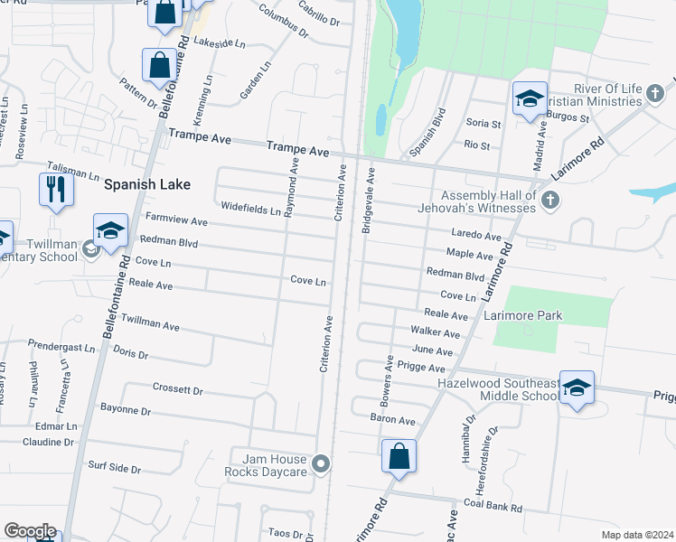 map of restaurants, bars, coffee shops, grocery stores, and more near 11832 Criterion Avenue in St. Louis