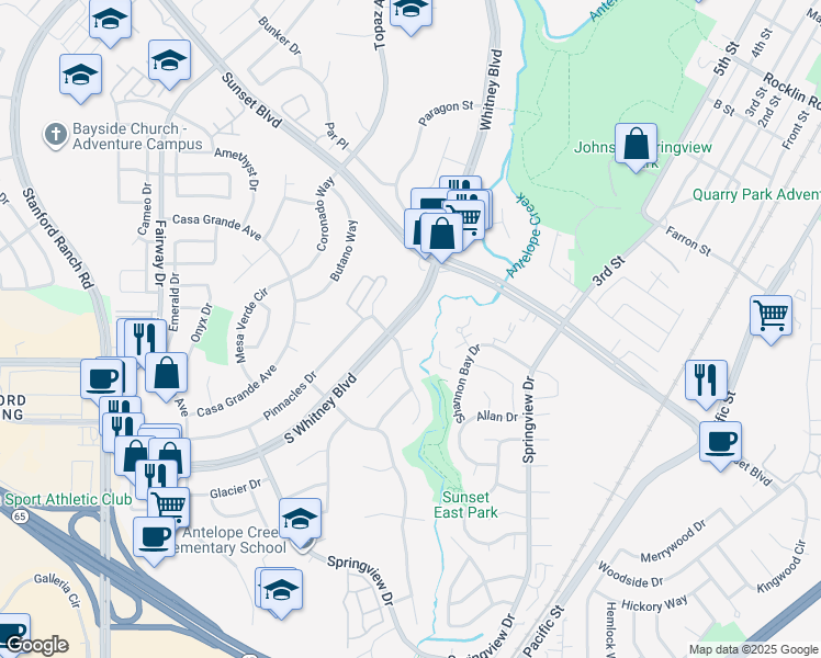 map of restaurants, bars, coffee shops, grocery stores, and more near 2806 South Whitney Boulevard in Rocklin