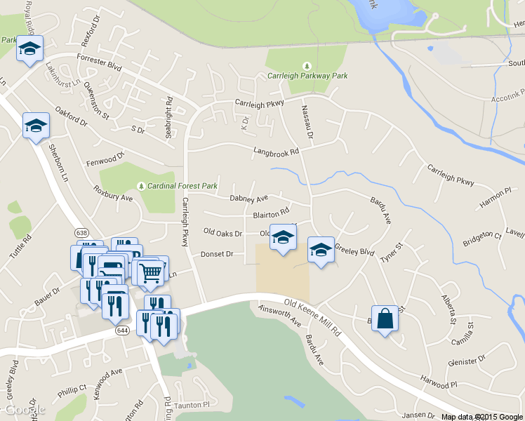 map of restaurants, bars, coffee shops, grocery stores, and more near 8114 Blairton Road in West Springfield