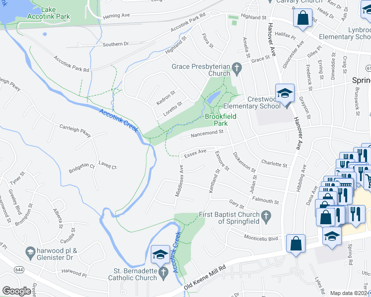 map of restaurants, bars, coffee shops, grocery stores, and more near 7516 Essex Avenue in Springfield