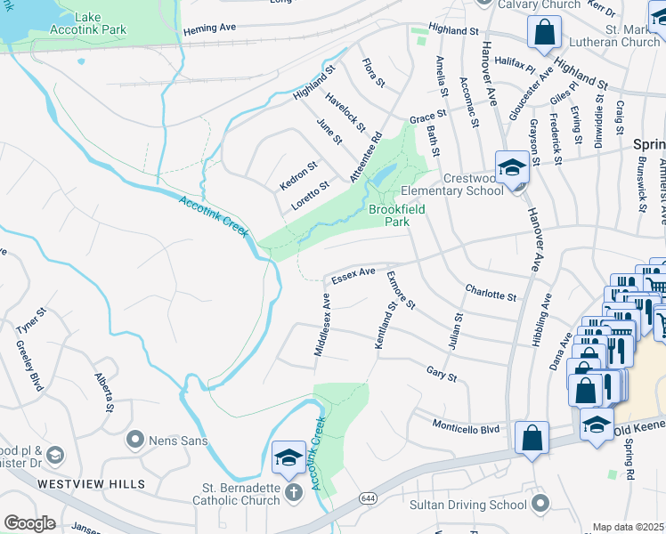 map of restaurants, bars, coffee shops, grocery stores, and more near 7516 Essex Avenue in Springfield