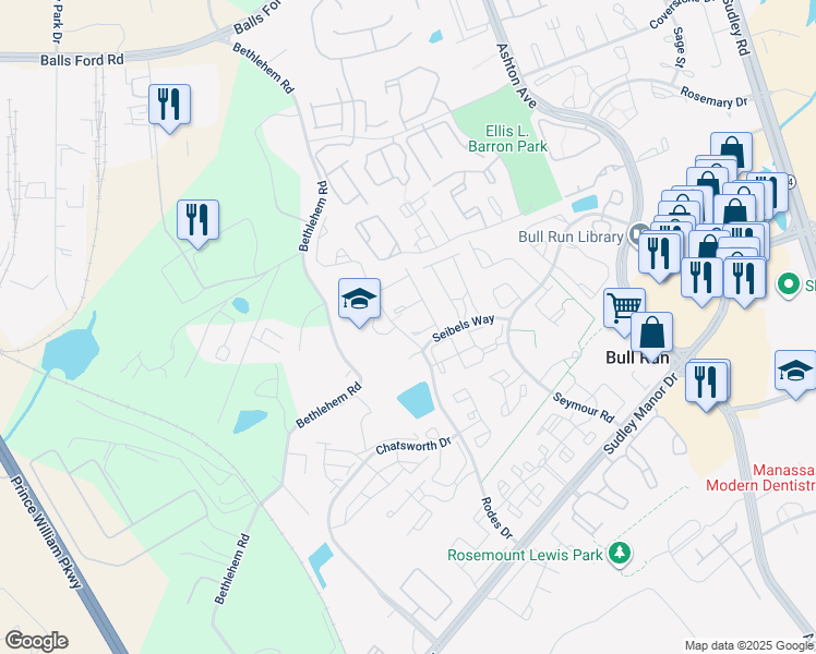 map of restaurants, bars, coffee shops, grocery stores, and more near 11194 Privates Court in Manassas
