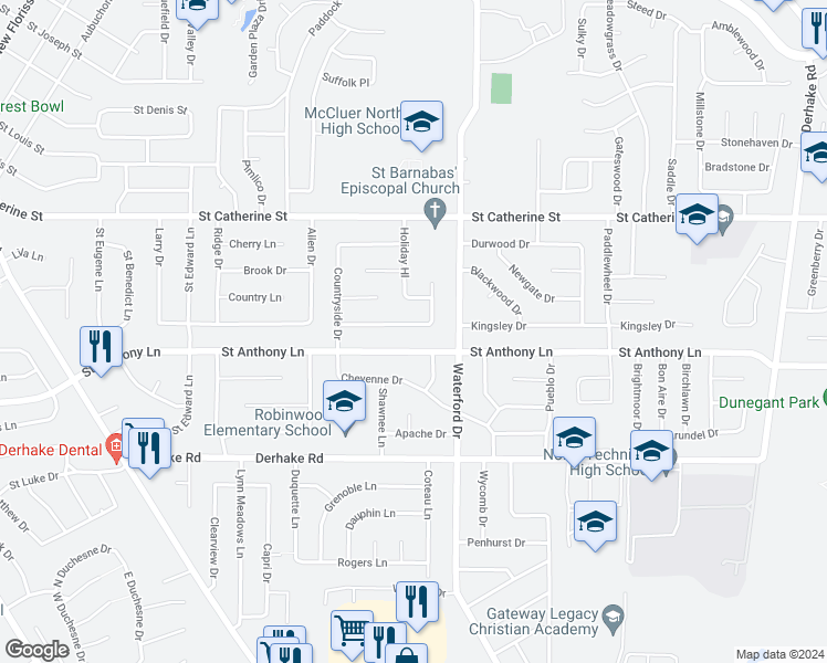 map of restaurants, bars, coffee shops, grocery stores, and more near 2860 Holiday Hill Drive in Florissant