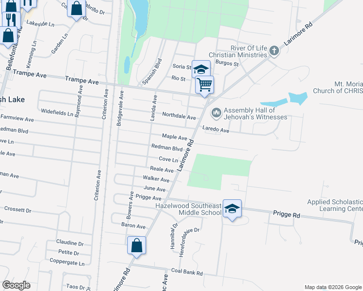 map of restaurants, bars, coffee shops, grocery stores, and more near 11814 Larimore Road in St. Louis
